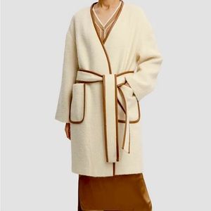 LATTELIER CASHMERE BLEND WRAP COAT CREAM/BROWN FAUX LEATHER TRIM WOMEN’S SZ XL